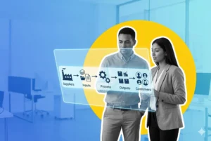 Dos profesionales analizando un diagrama de la Matriz SIPOC en una pantalla digital transparente para el mapeo de procesos y la mejora continua empresarial.