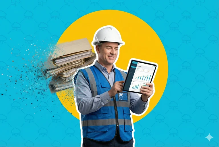 Vista horizontal de un gerente de Facility Management utilizando software en una tablet, mientras una pila de reportes de papel se desvanece en el fondo.