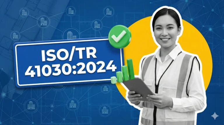 Gerente de Facility Management sosteniendo una tablet con gráficos de cumplimiento, junto a una placa azul con el texto de la norma ISO/TR 41030:2024.