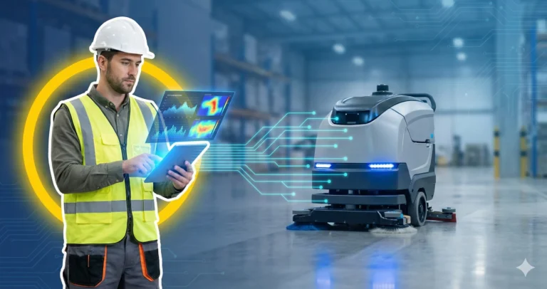 Facility manager con casco y chaleco reflectante supervisa una fregadora robótica industrial autónoma mediante una tableta que muestra gráficos de datos holográficos y líneas de conexión en un entorno de almacén 4.0.