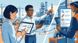 Equipe de profissionais realizando auditorias digitais em campo usando tablets e dashboards interativos com a DataScope em 2026.