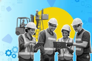 Collage-style image of DataScope field technicians using tablets and laptops in an industrial setting with a forklift and tools.