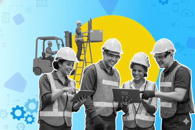 Collage-style image of DataScope field technicians using tablets and laptops in an industrial setting with a forklift and tools.