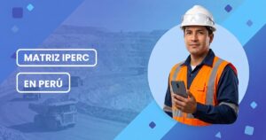Supervisor de seguridad en una mina con casco y chaleco, con el rótulo Matriz IPERC en Perú